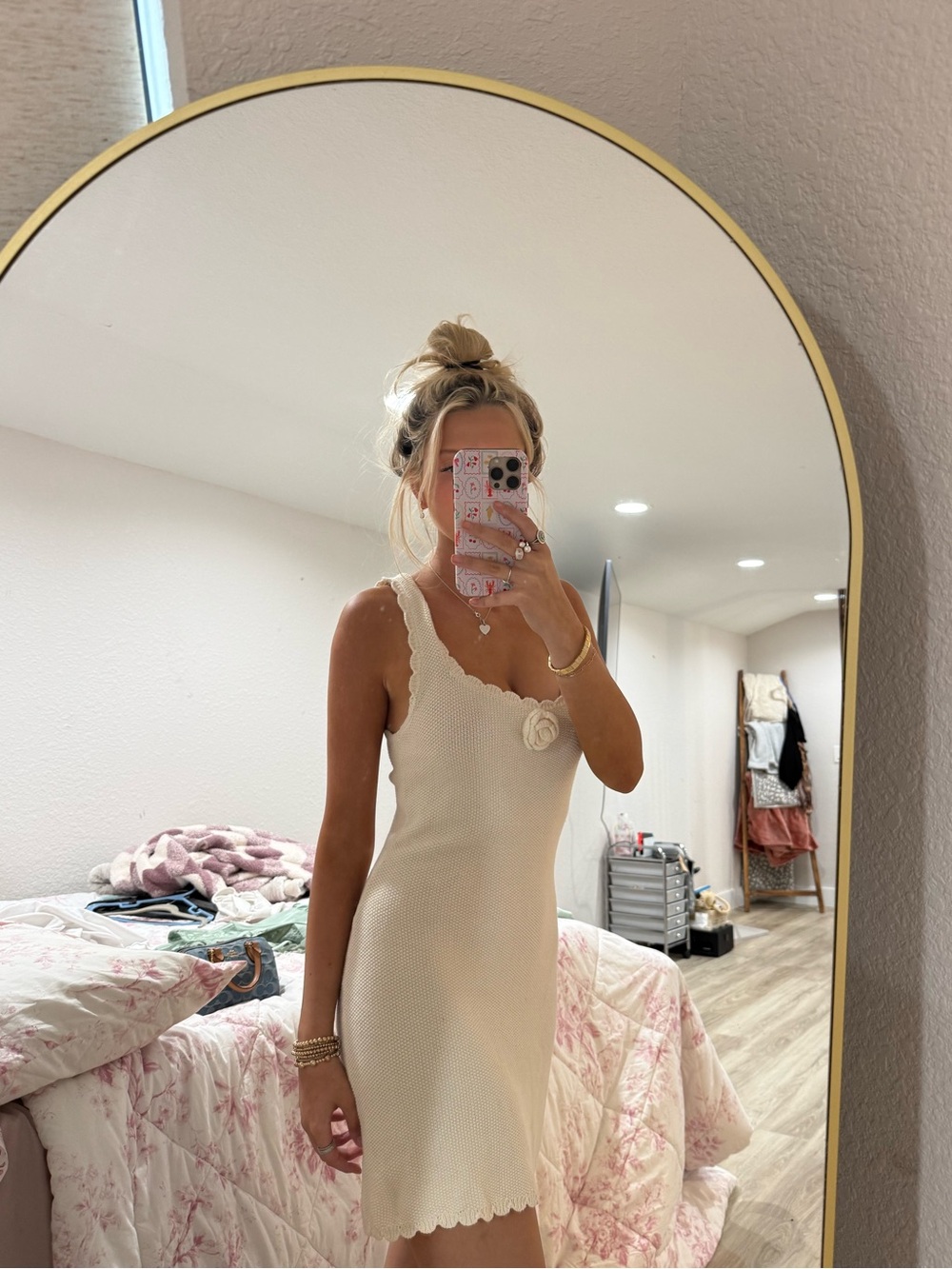 Cream Sleeveless Knit Dress with Floral Accent